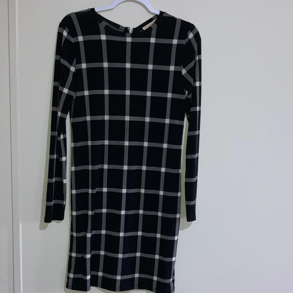 Michael Kors Black and Gray Plaid Long Sleeve Dress